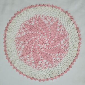 Handmade Vintage Crocheted Pink and White Circular Doily